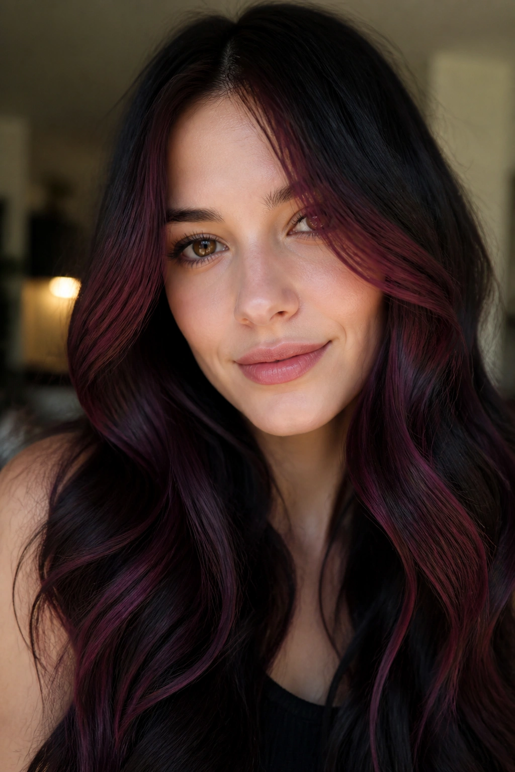 Close-up of a real person with plum ribbon highlights in long hair