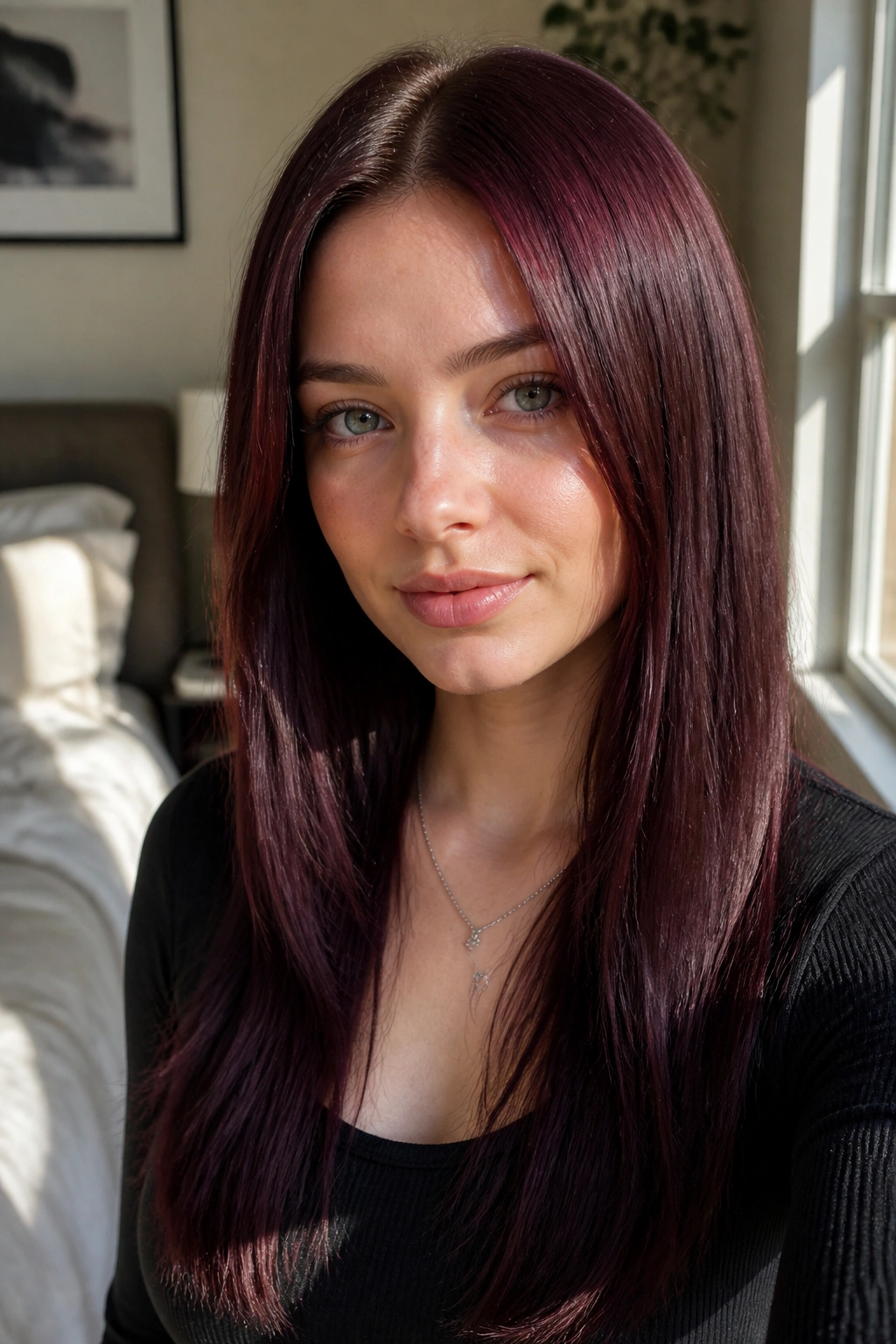 Real woman with straight plum hair in a sunlit bedroom