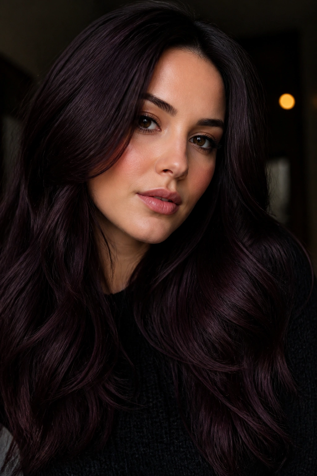 Close-up of a real woman's dark brown hair with plum-tinted undertones