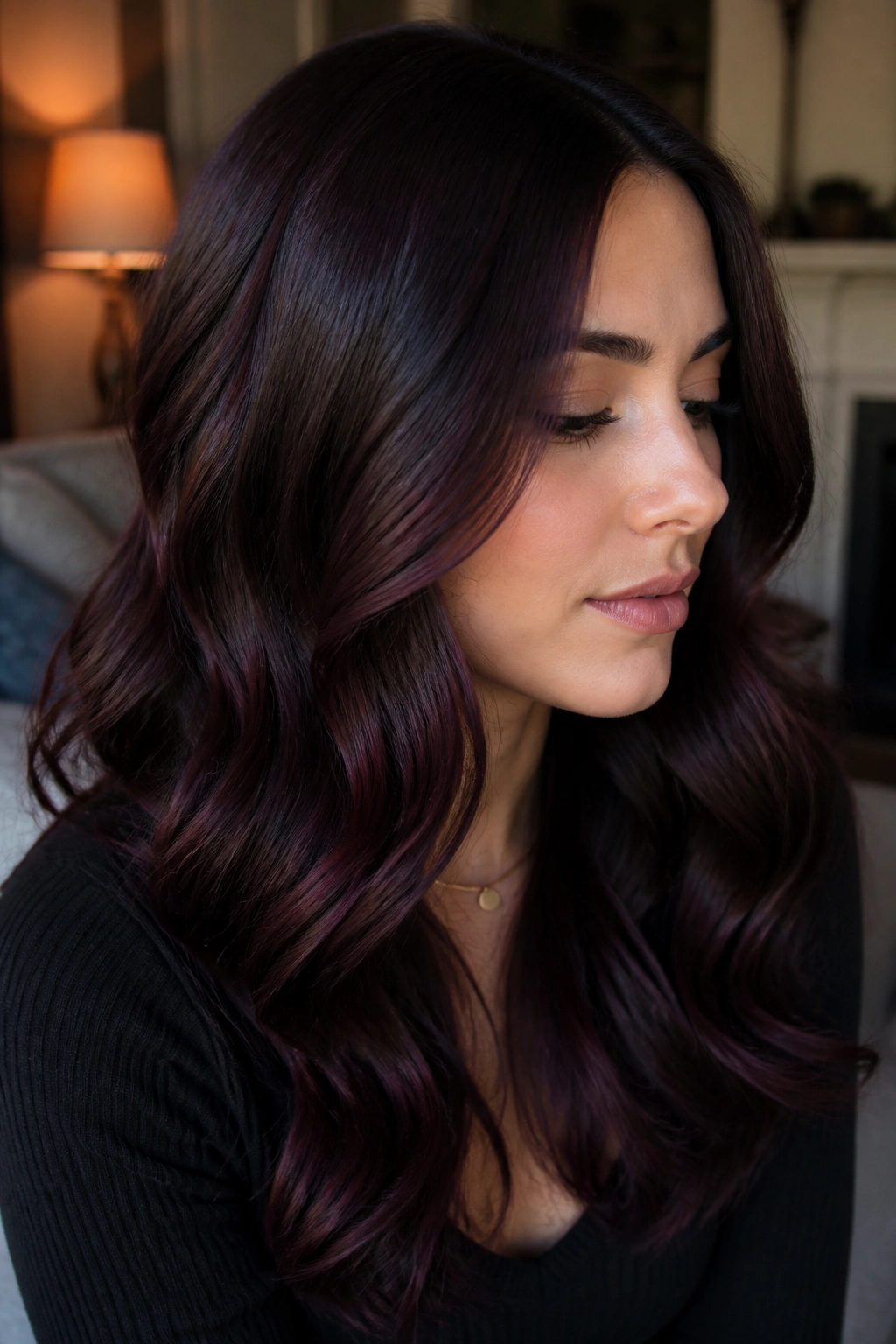 Close-up of a real woman with plum wine brunette hair showing plum glaze