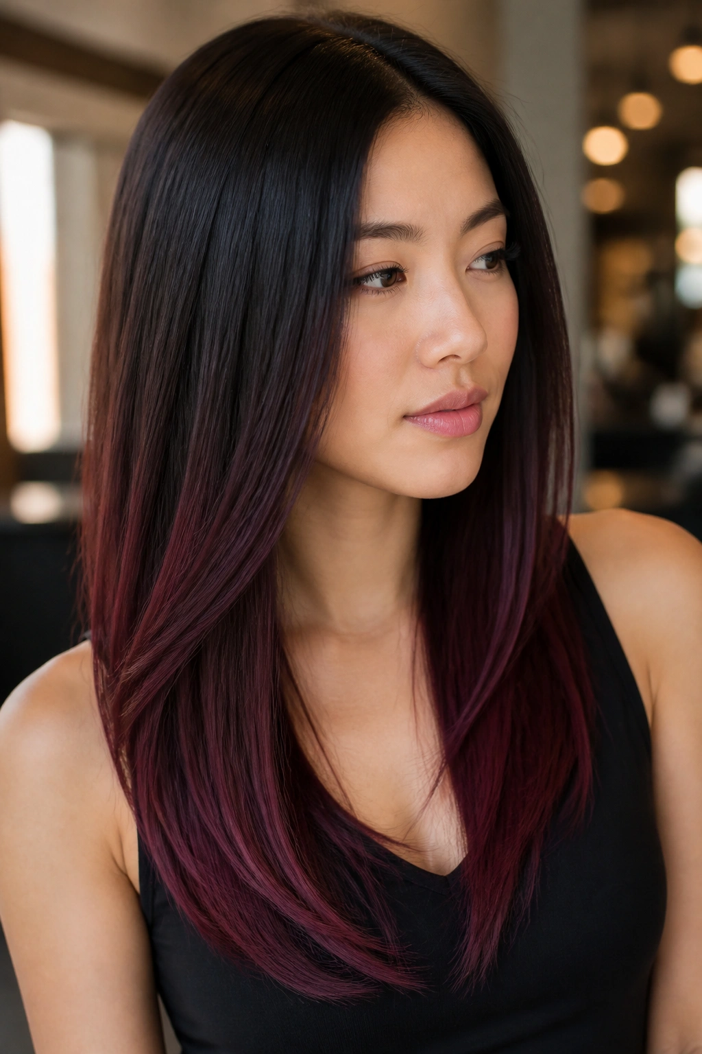 Close-up portrait of a real woman with plum wine ombre on straight hair.