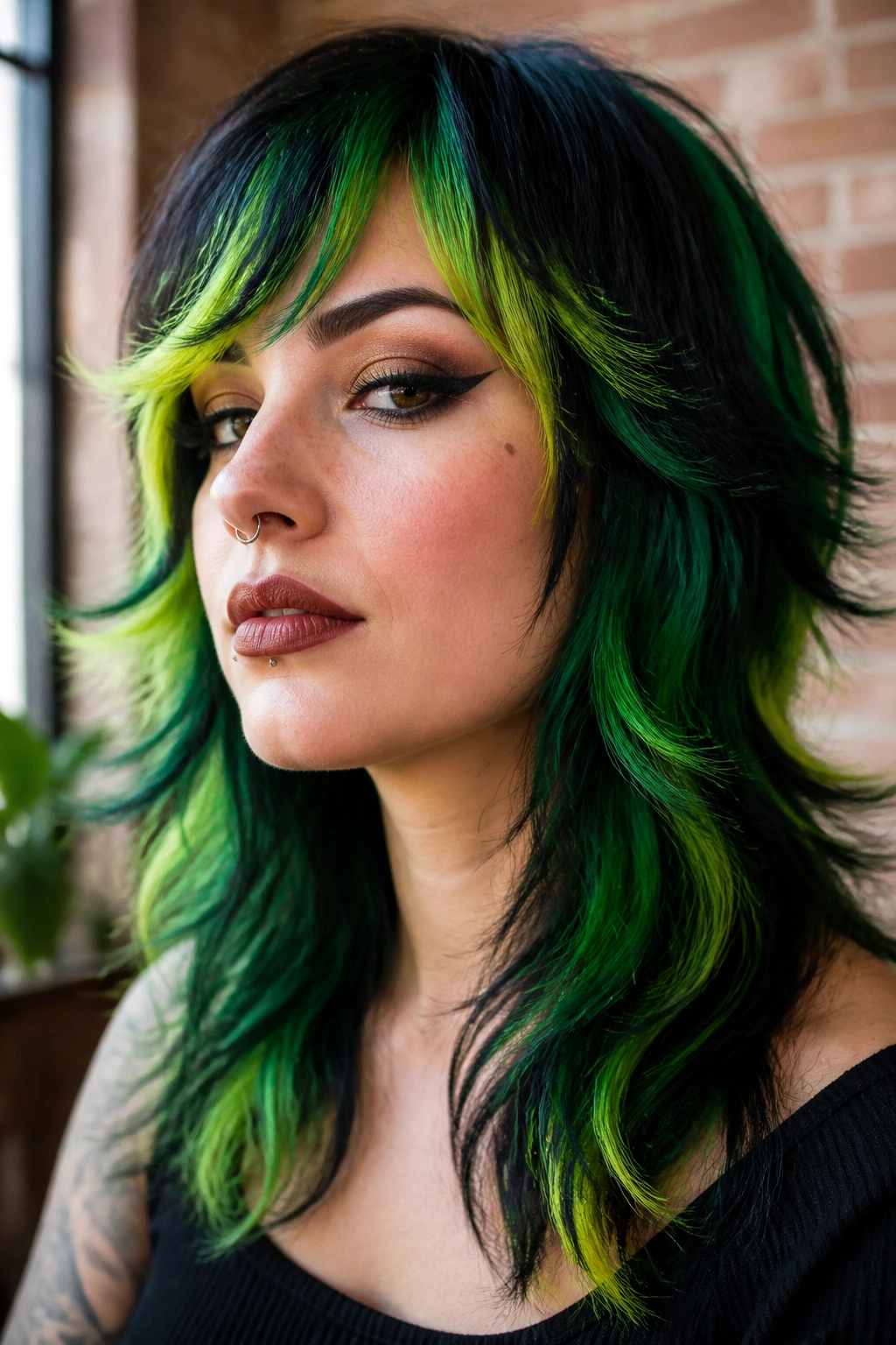 Close-up of a real person with black emerald chartreuse layered hair