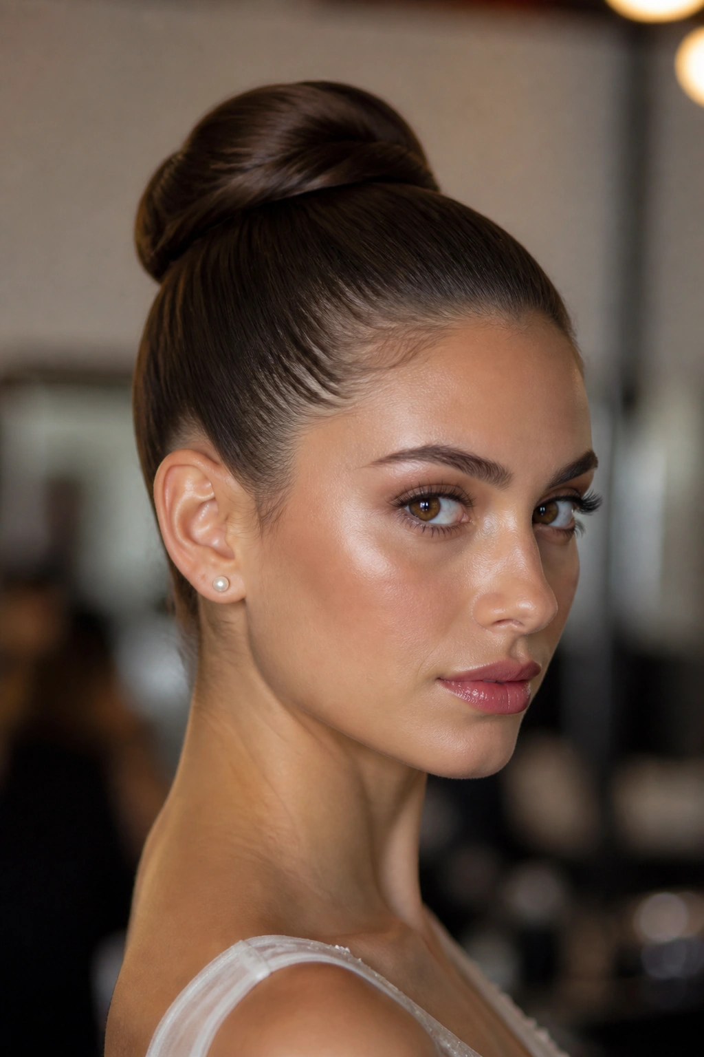 Close-up of a real woman wearing a polished ballet bun, centered and sculpted