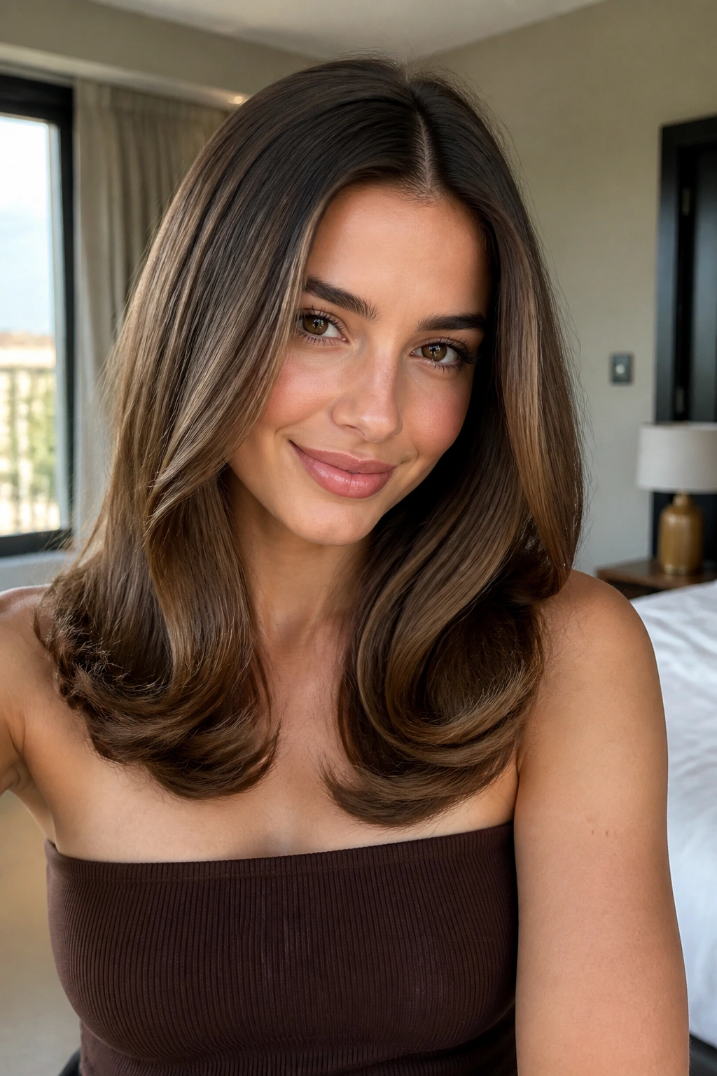 Close-up of a real woman with a polished blowout and bouncy ends in a bright hotel room
