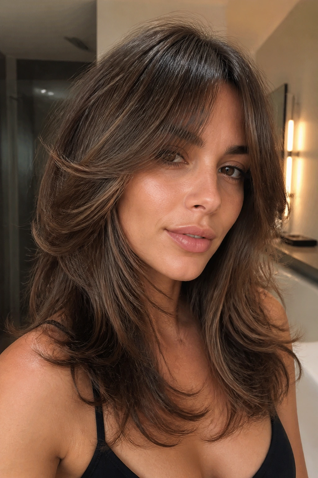 Close-up portrait of a real woman with a polished blowout shag and long bangs