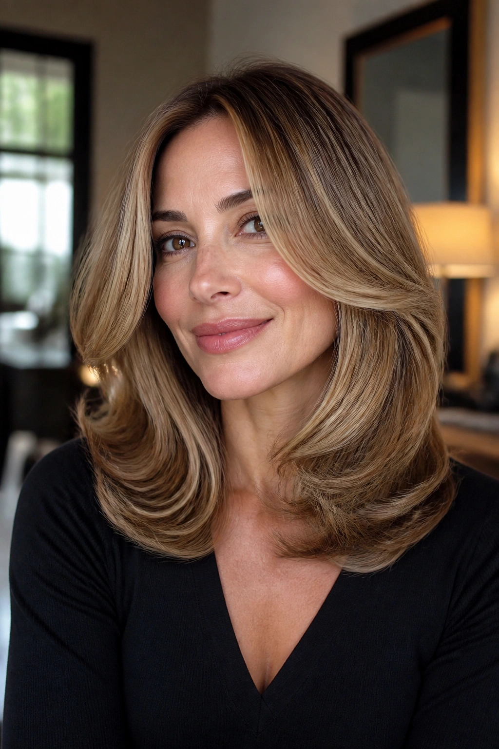 Close-up of a real woman with polished blowout waves and rounded layers