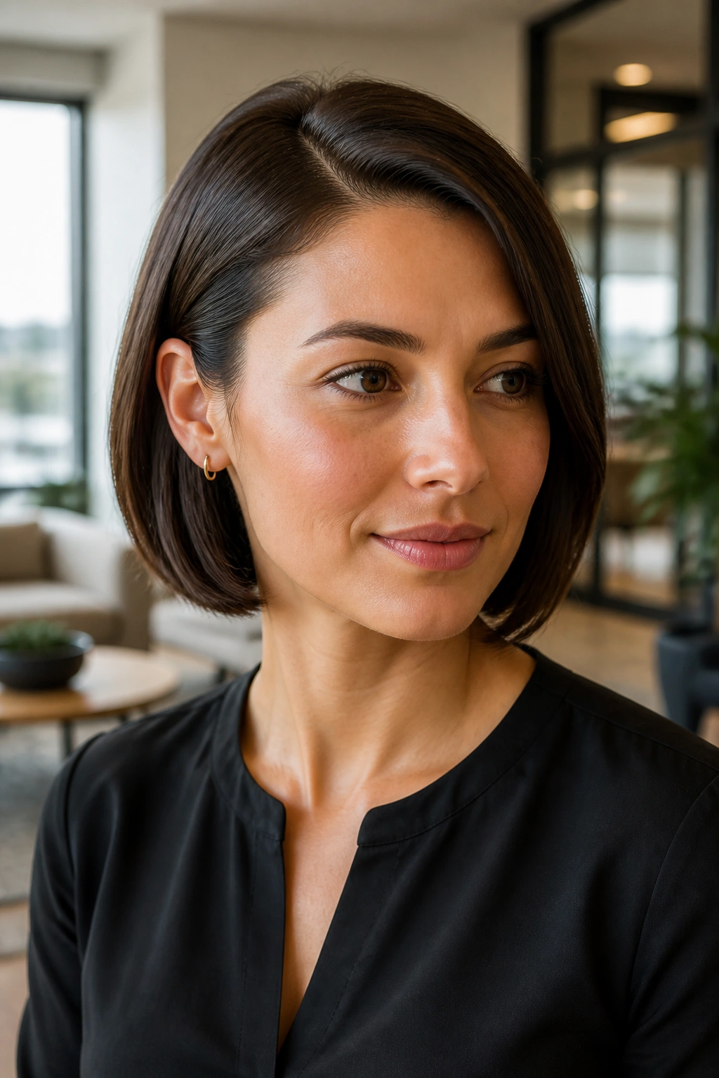 Close-up of a woman with a polished bob tucked behind the ear