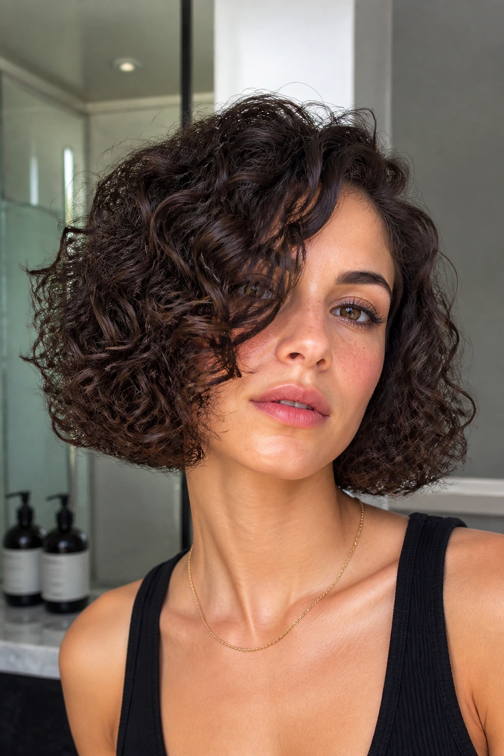 Real woman with a polished curly bob and a strong weight line.