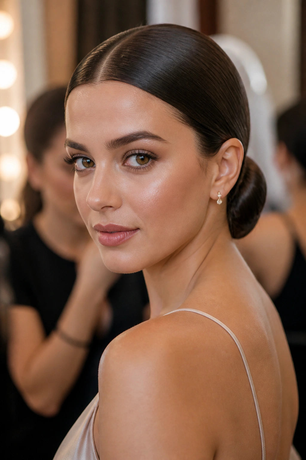 Close-up of a woman with a polished center-part low bun at the nape.