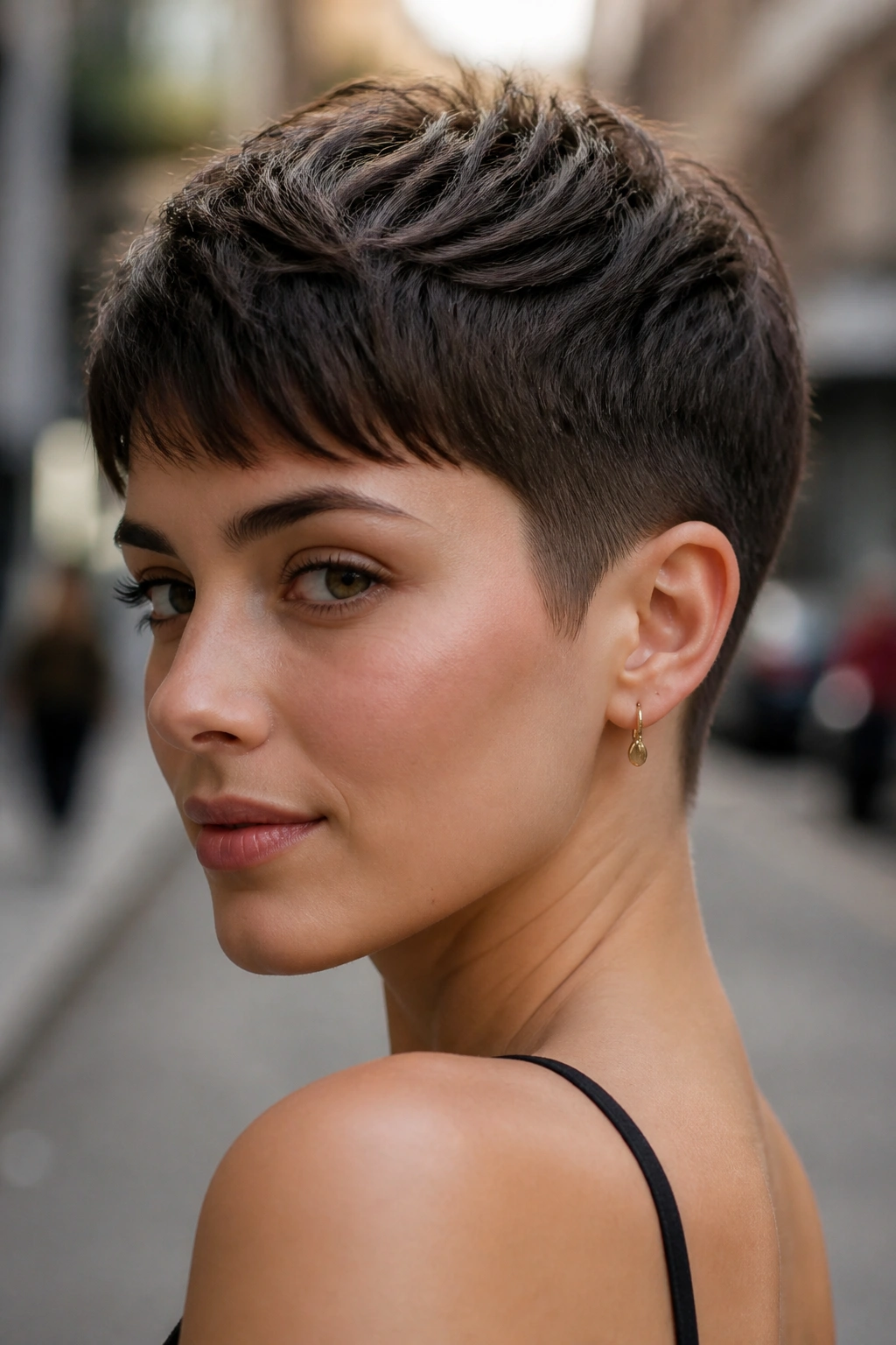 Close-up portrait of a real person with a polished crop and tapered nape in outdoor daylight