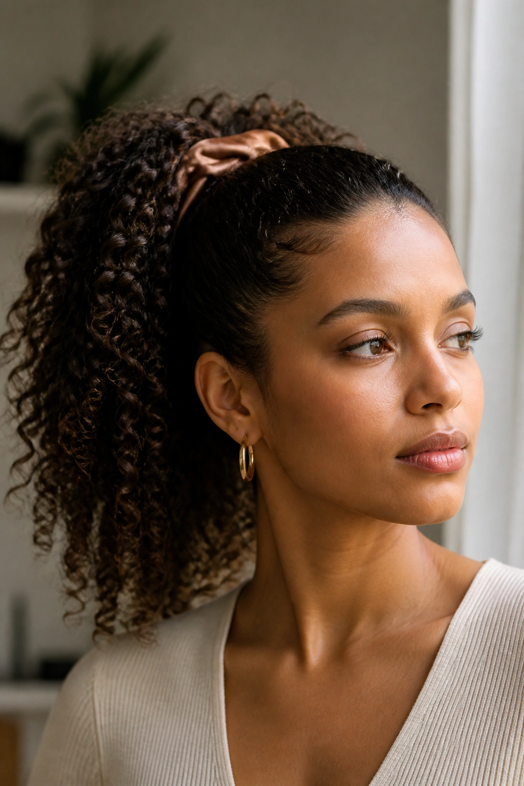 Close-up of a real woman with a polished curly ponytail and smooth crown