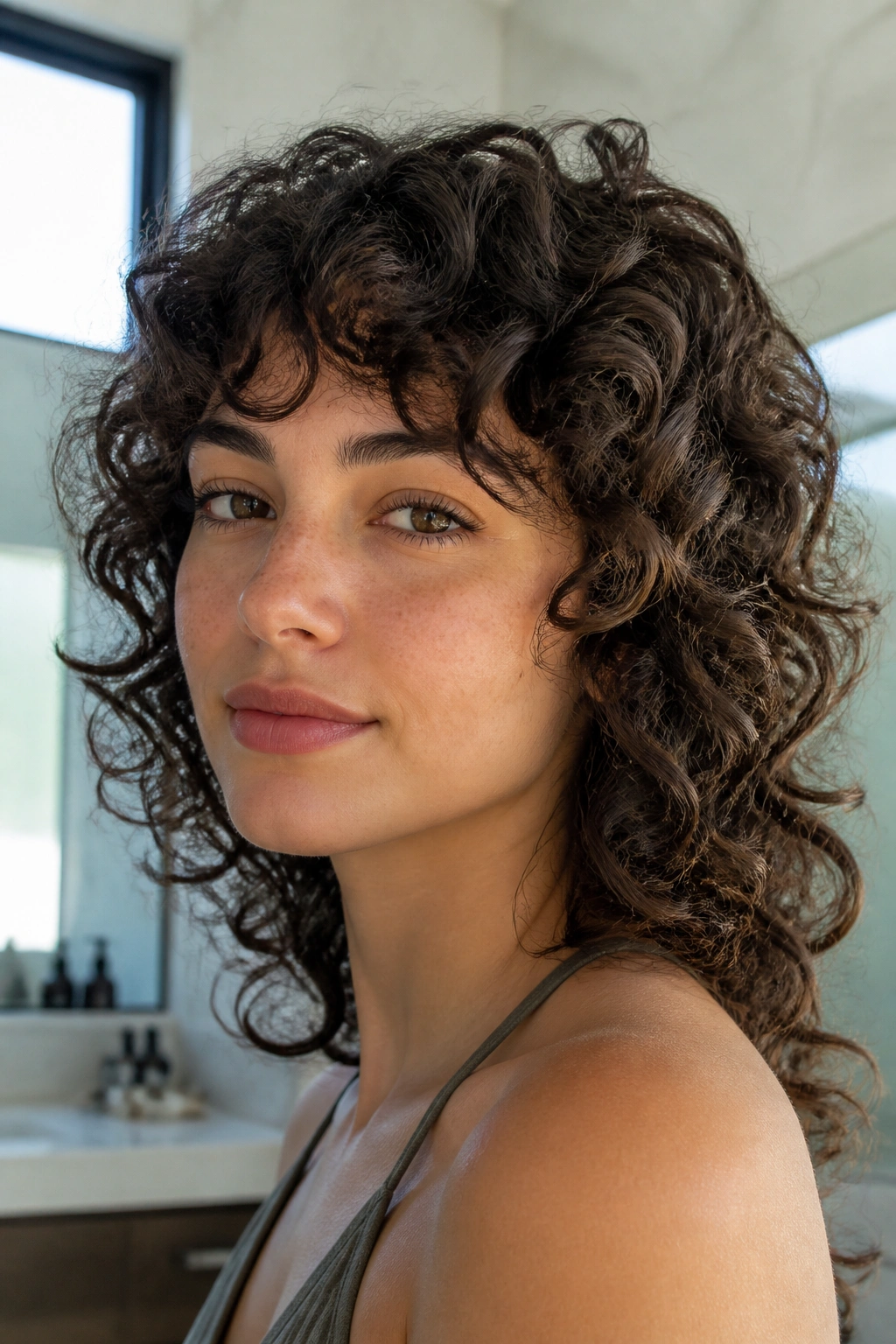 Real person with polished curly wolf cut and defined ringlets in a bright bathroom