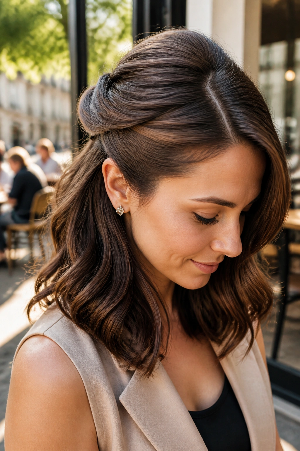 Close-up of a real woman with a deep side-part half updo