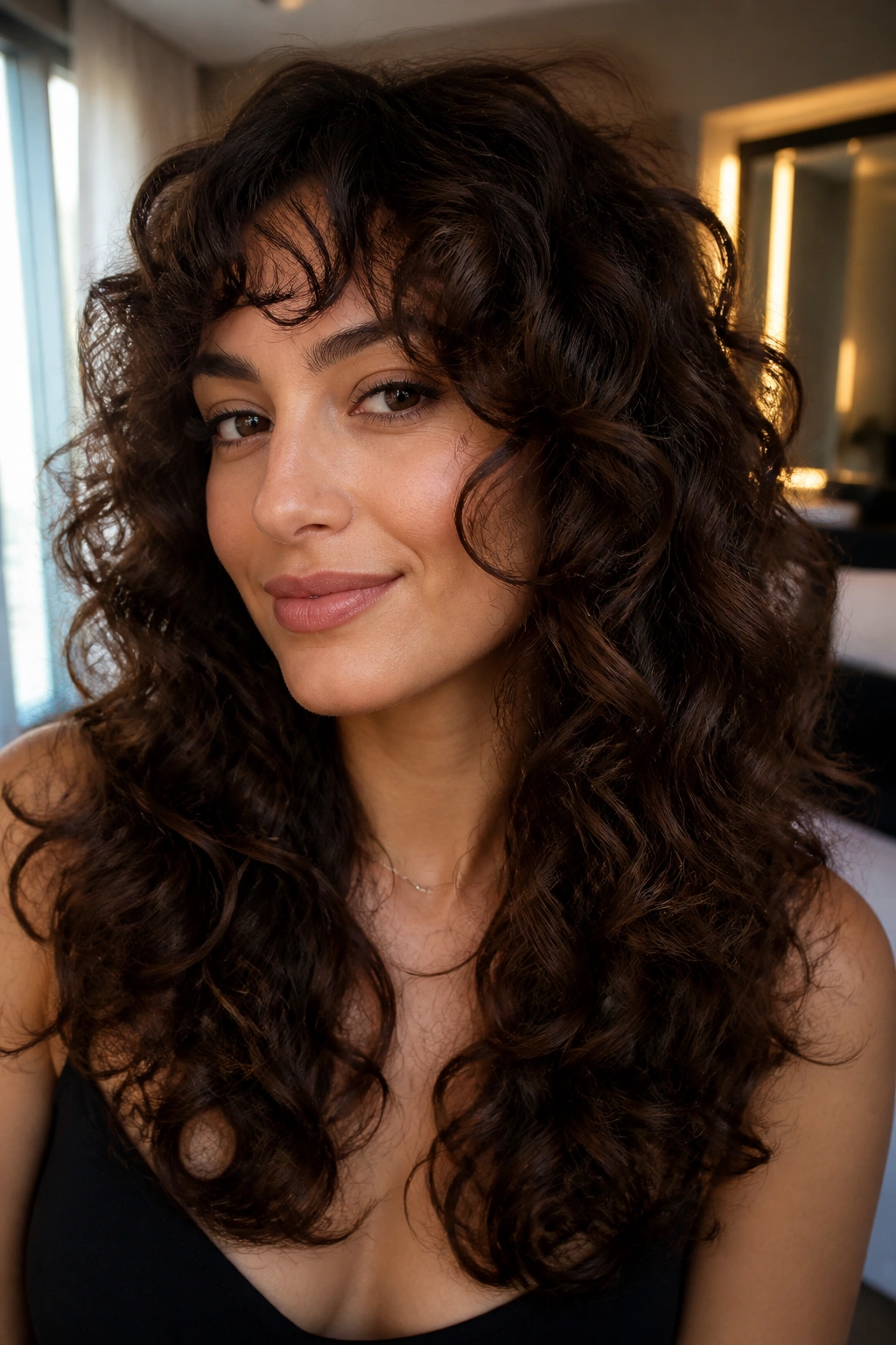 Close-up of a real woman with glam curly shag and polished ends