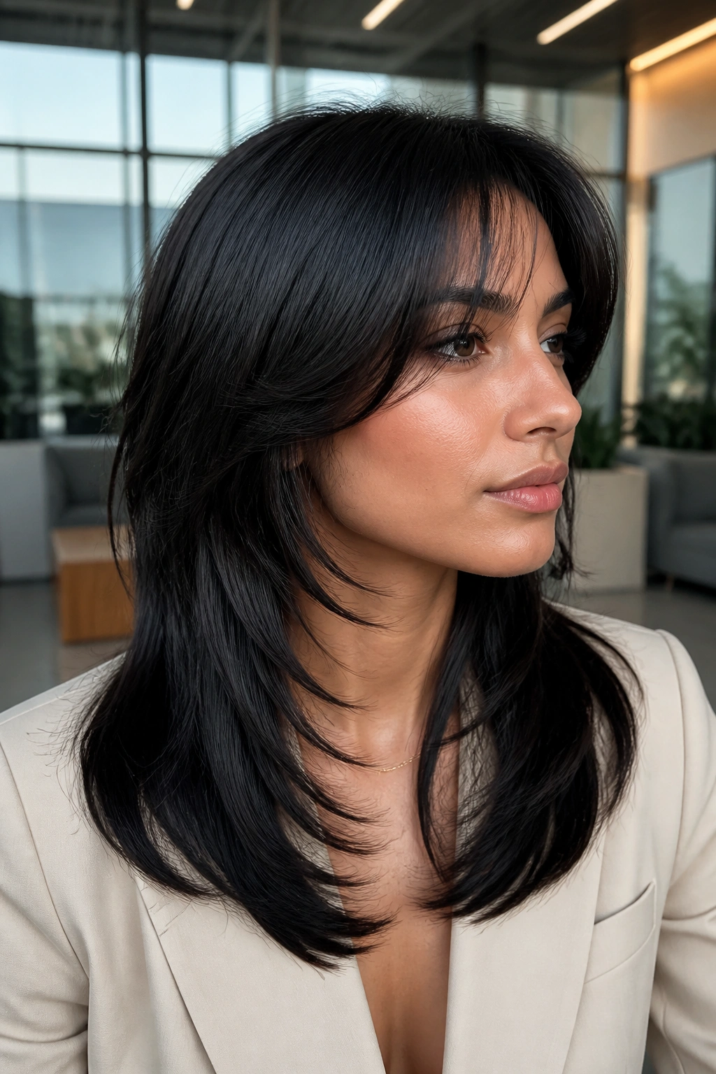 Close-up portrait of a real person with polished ends black wolf cut in a chic office lobby