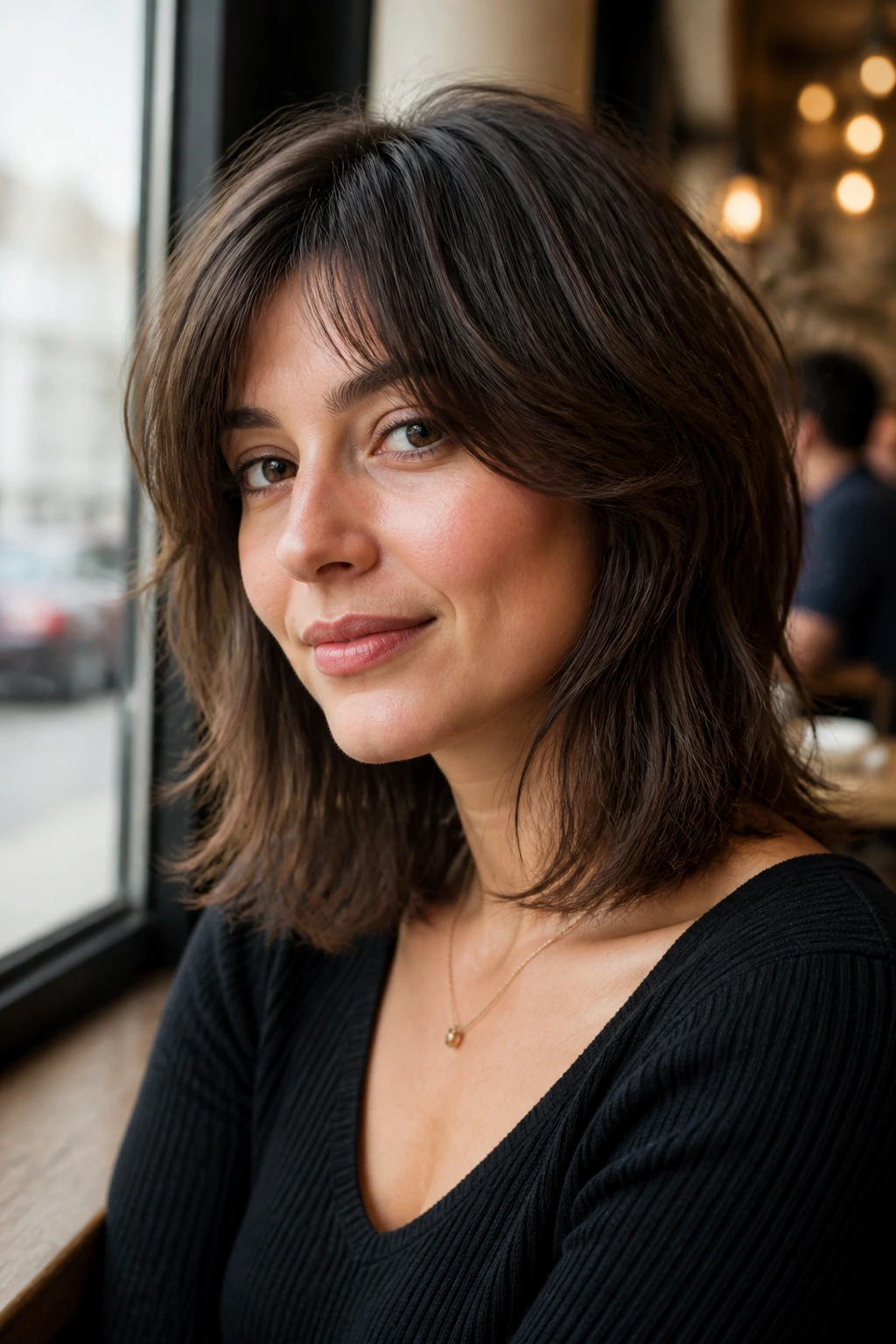 Close-up portrait of a real woman with a polished everyday shag at collarbone length with soft edges