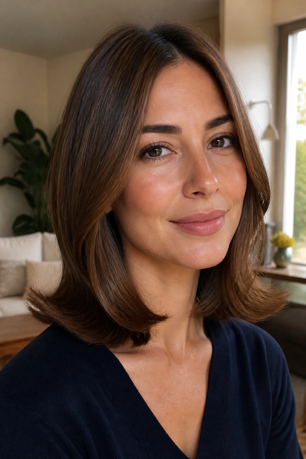 Close-up portrait of a real woman with a Polished Flip-Out Lob, ends flipped outward to frame the jawline
