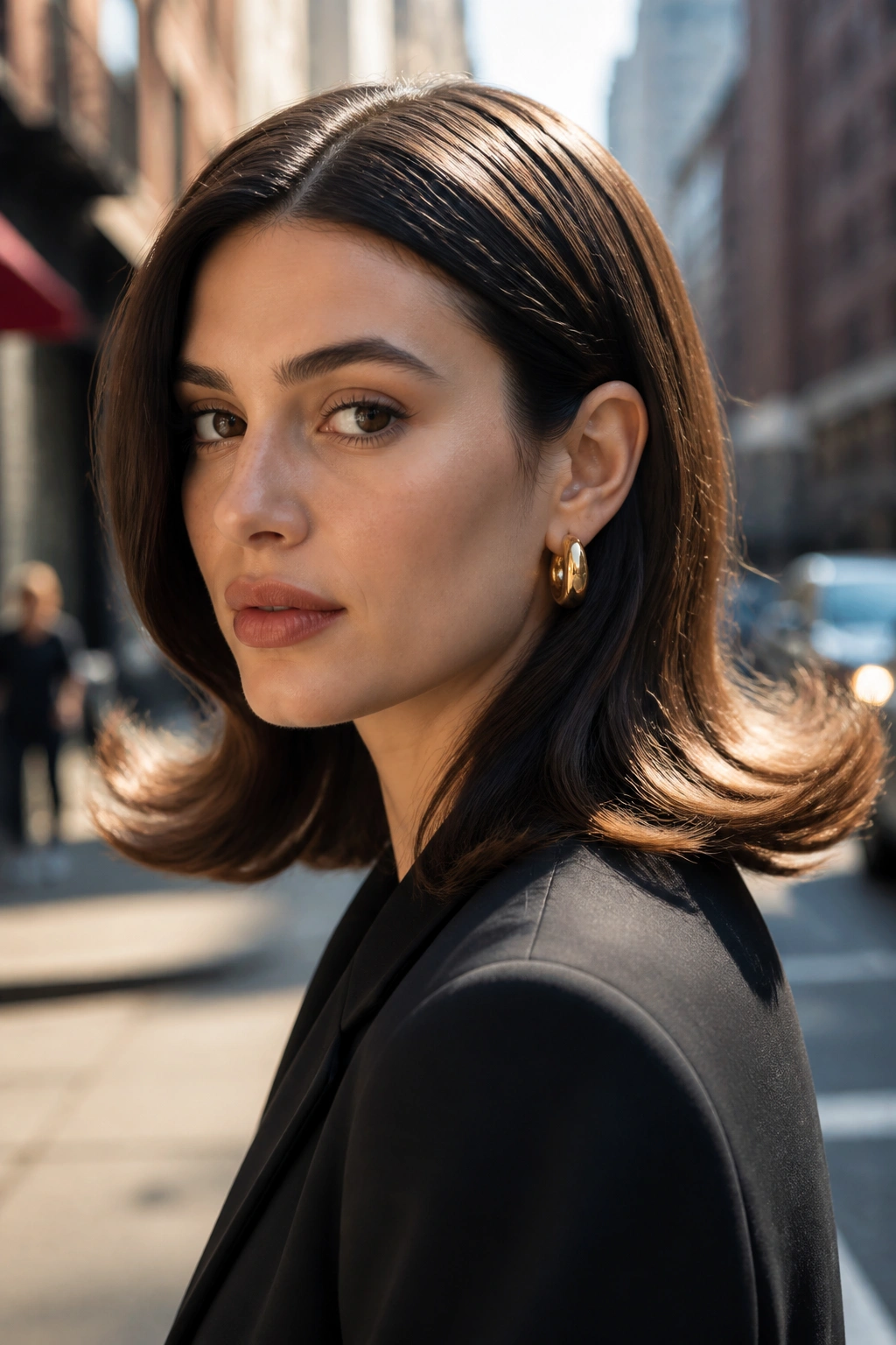 Close-up of a person with polished flip-out waves