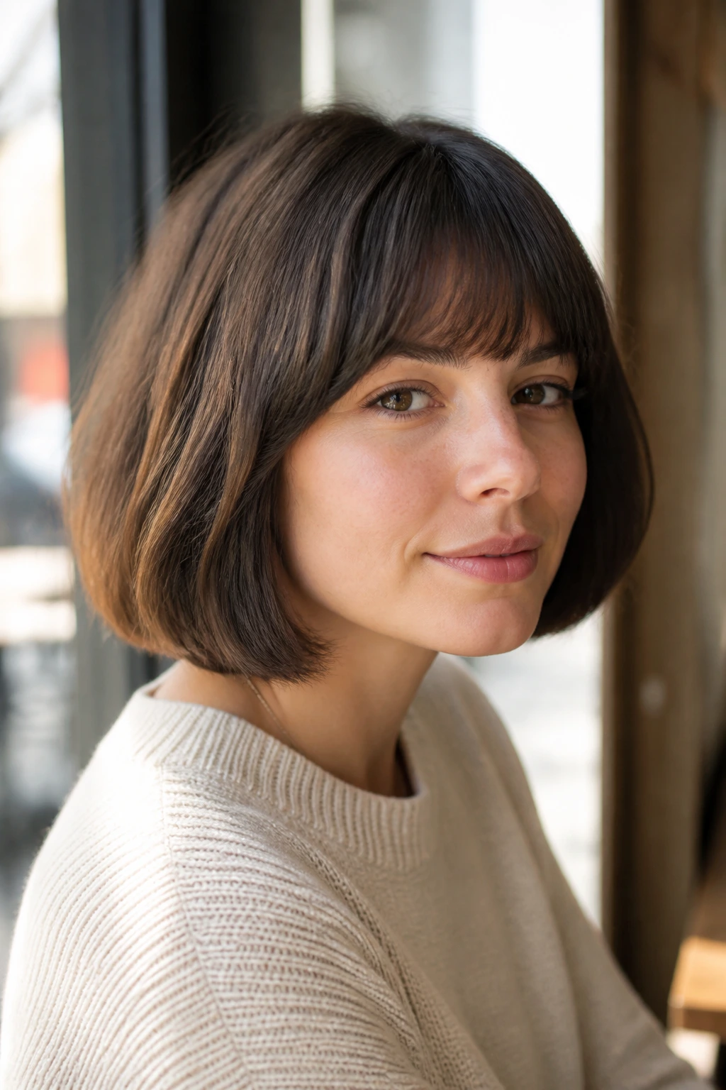 Close-up of a real woman with arched bangs and a polished French bob in a cafe-like setting