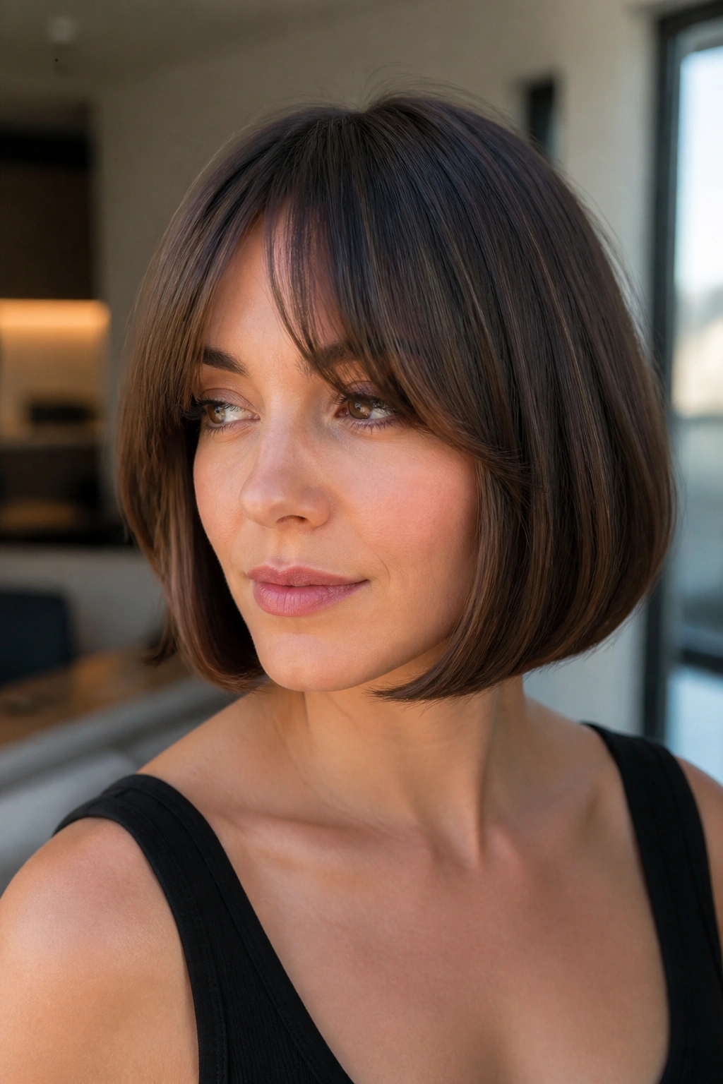 Close-up portrait of a real woman with a polished French bob and soft bevel