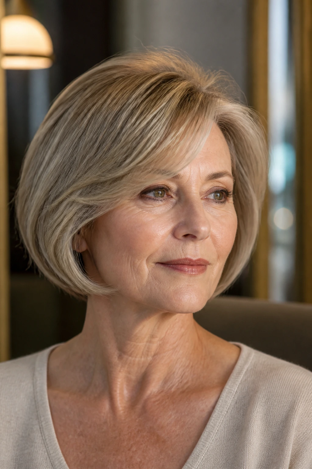 Real woman with polished French bob and soft crown volume.