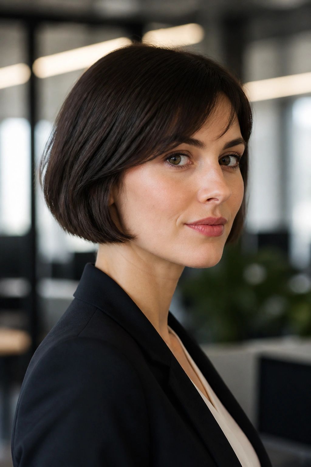 Close-up polished French bob worn with professional attire.