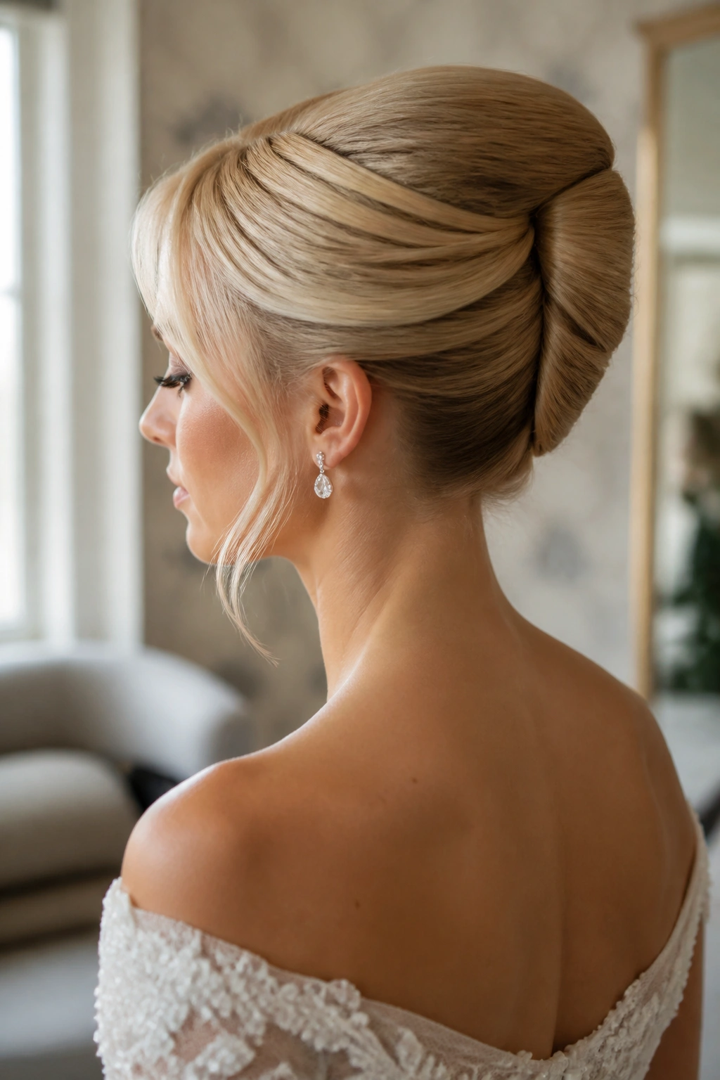 Profile view of bride with polished French twist