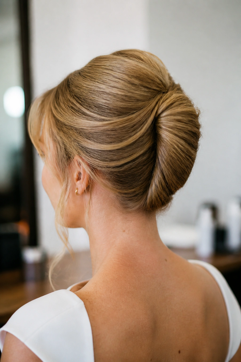 Portrait of a real woman with a polished French twist on medium-length hair