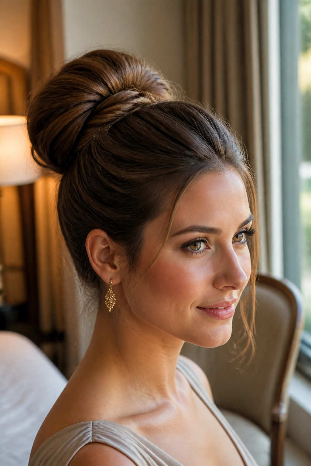 Close-up of Polished High Bun with Soft Crown on a real woman