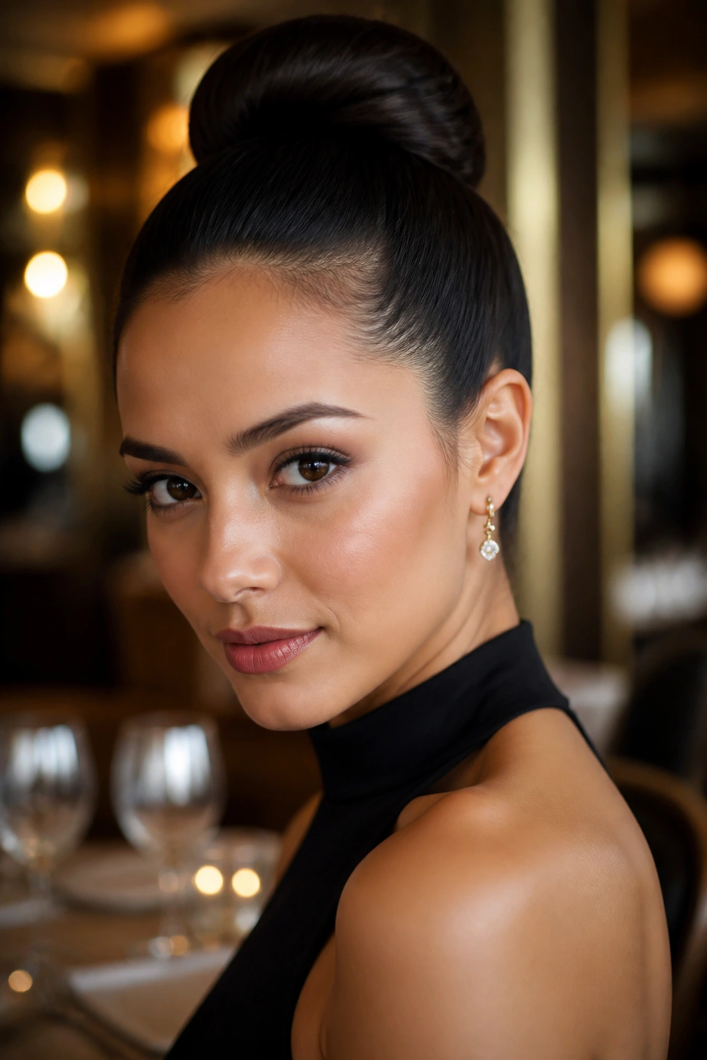 Close-up of a real woman with a polished high bun in a softly lit formal setting