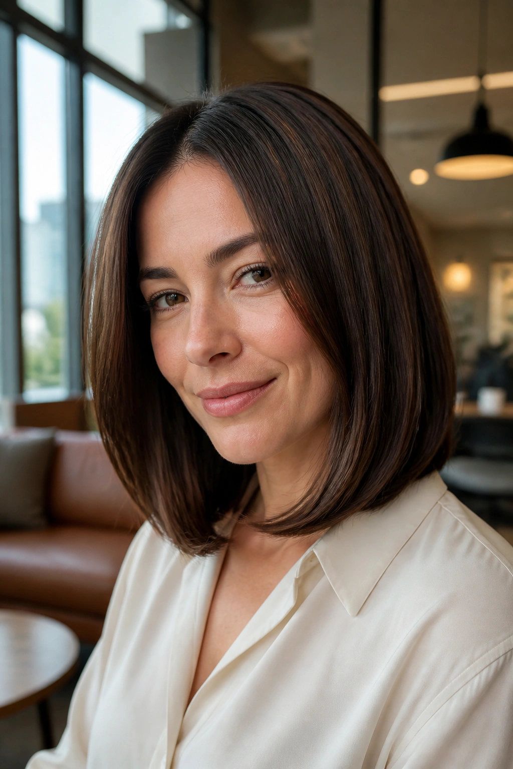 Close-up portrait of a real woman with polished lob and beveled ends