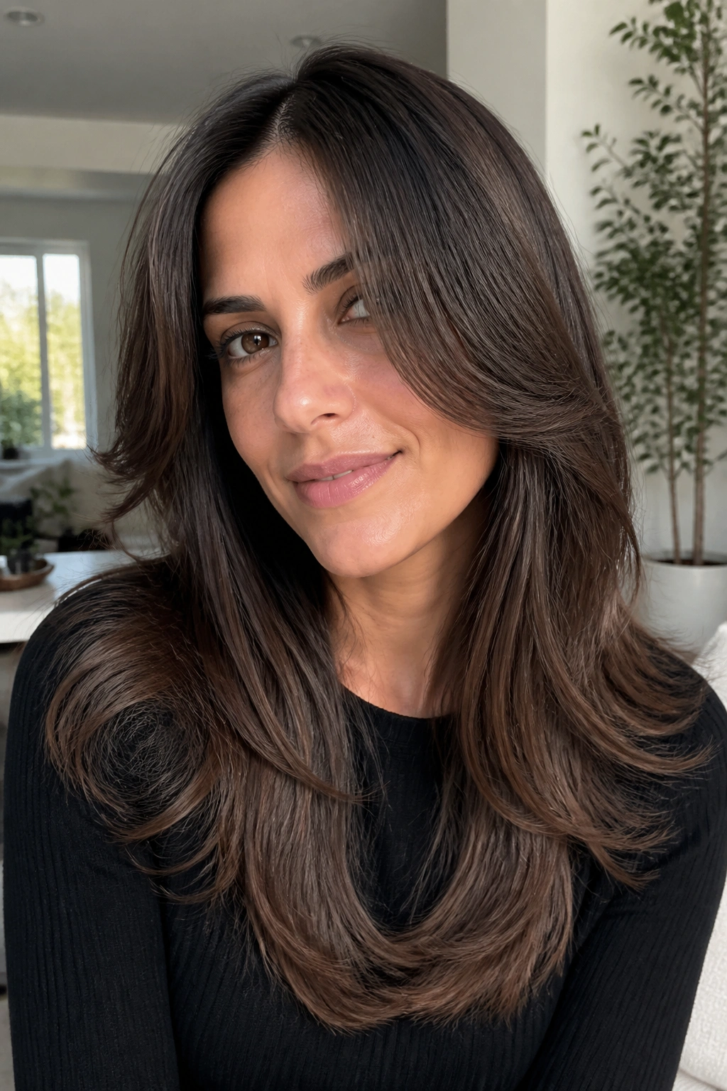 Close-up portrait of a person with polished long layers and a swingy perimeter on straight hair