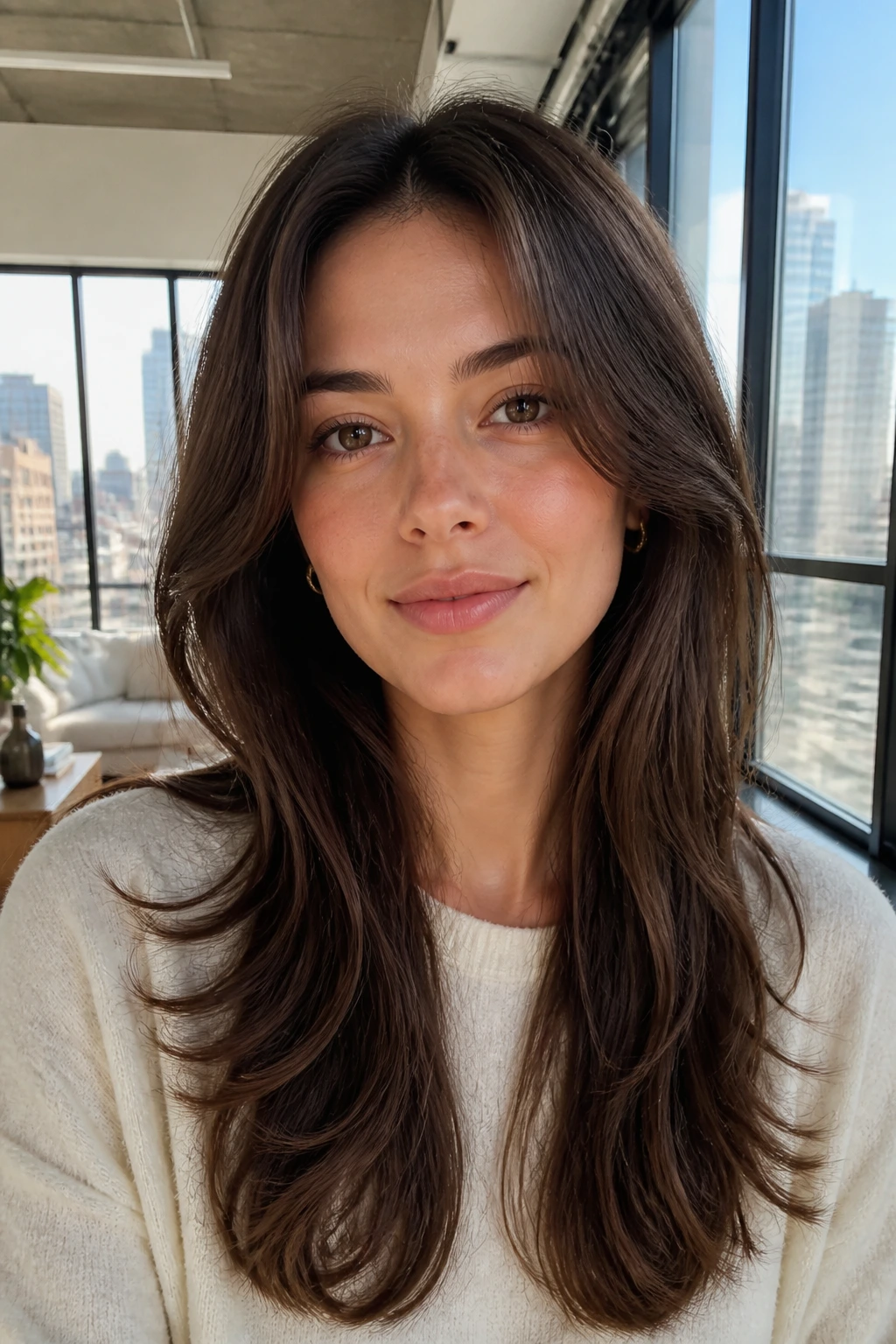 Close-up portrait of a real person with a polished long shag and soft movement