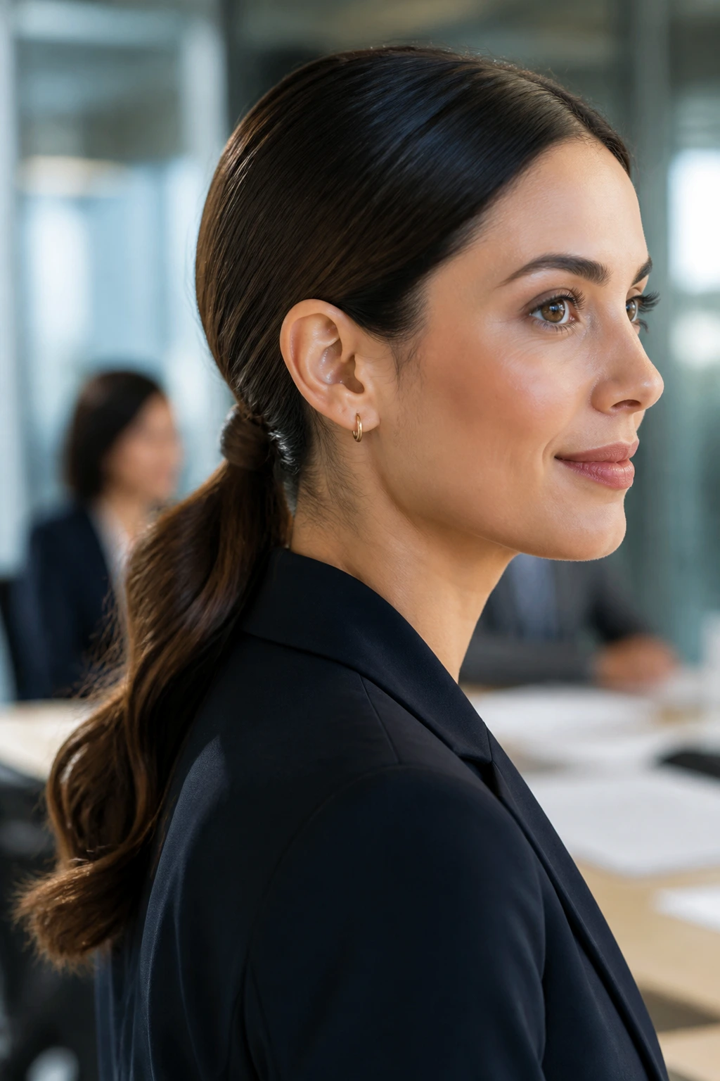 Close-up of a real woman with a polished low ponytail at the nape
