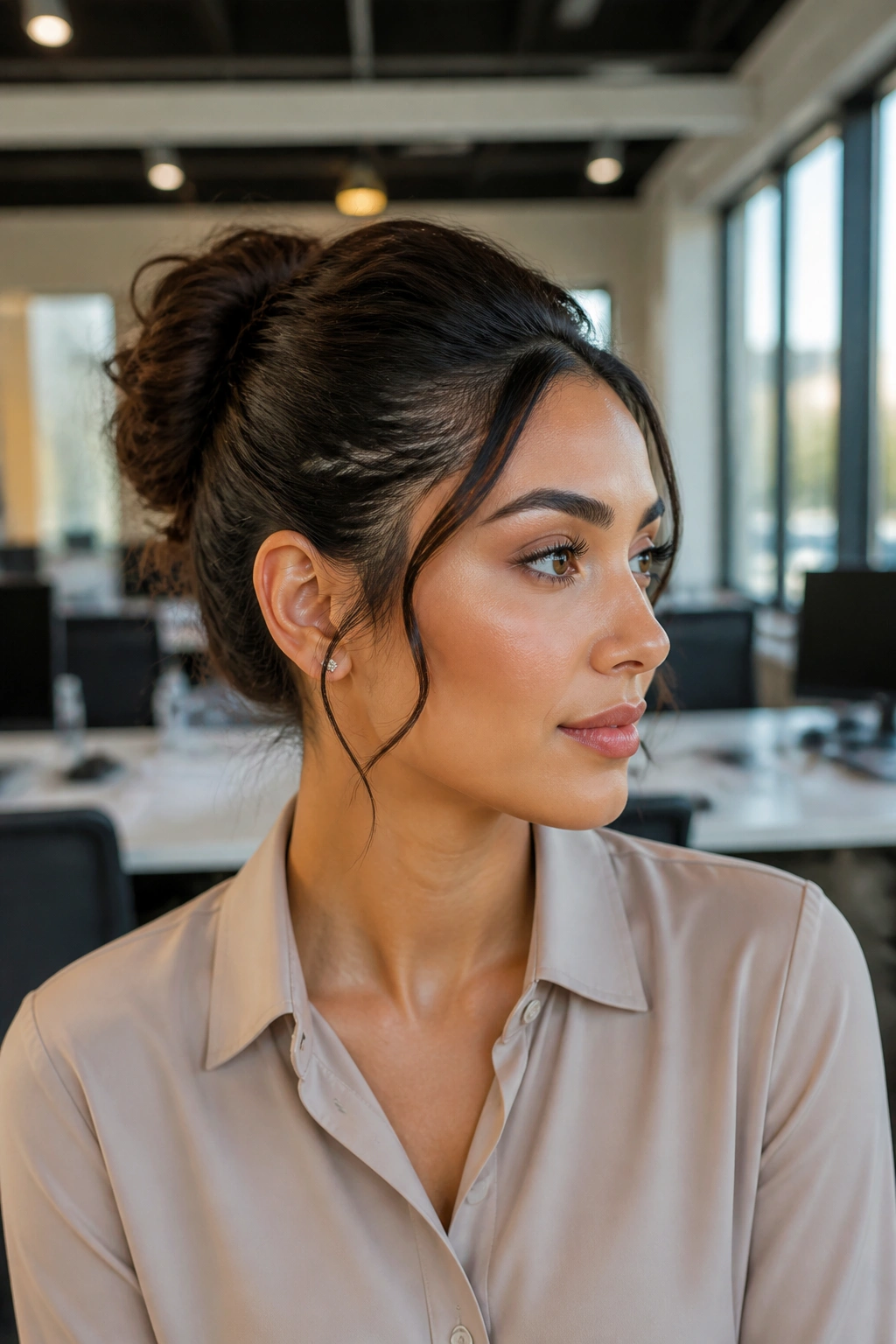 Real woman with a polished messy bun and clean edges in a work setting.