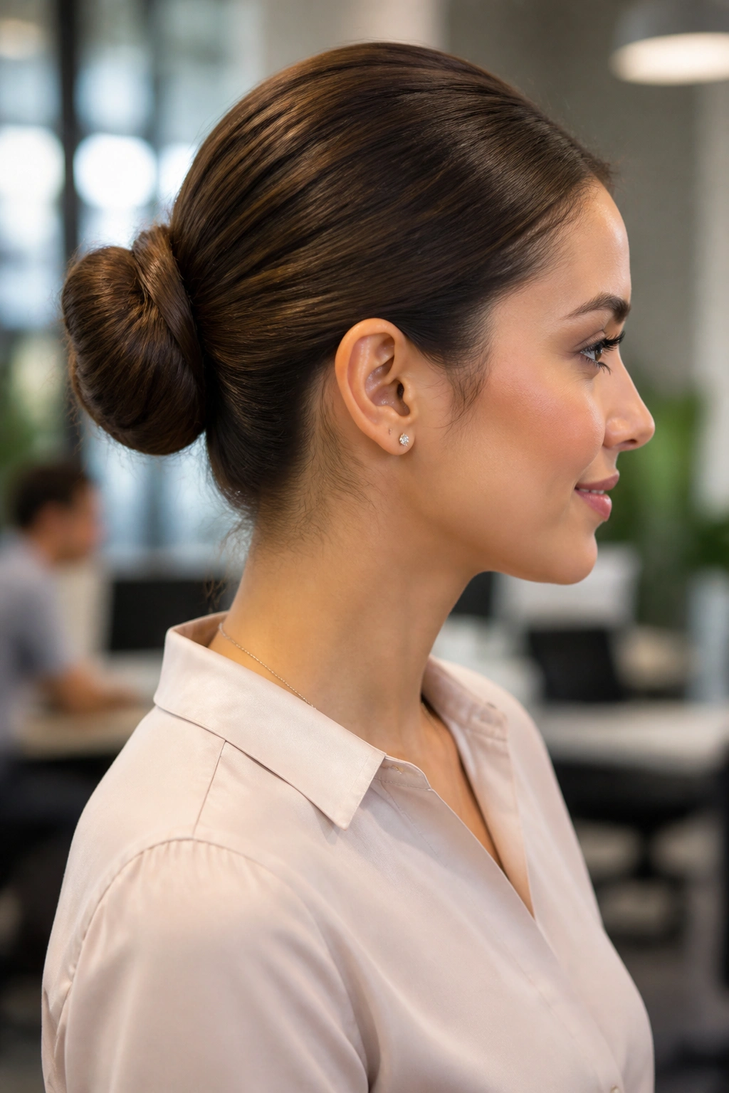 Close-up of Polished Mid-Bun on a real woman with a balanced mid-back bun