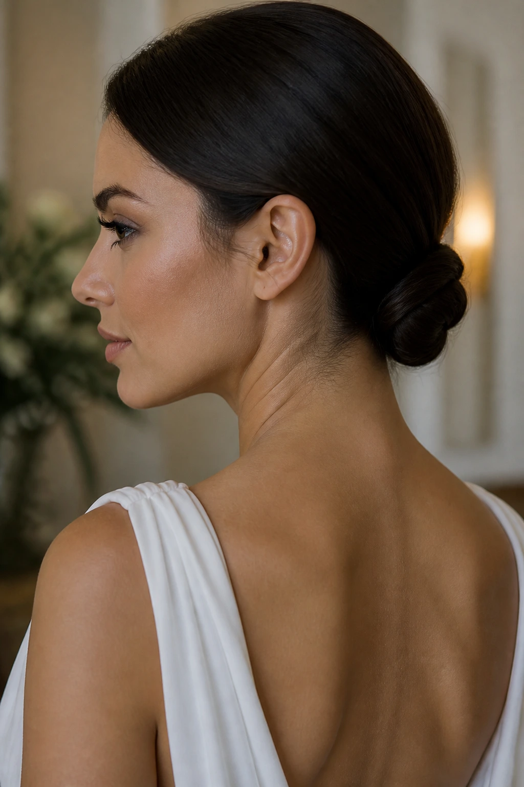 Close-up of a real woman with a polished minimal knot at the nape