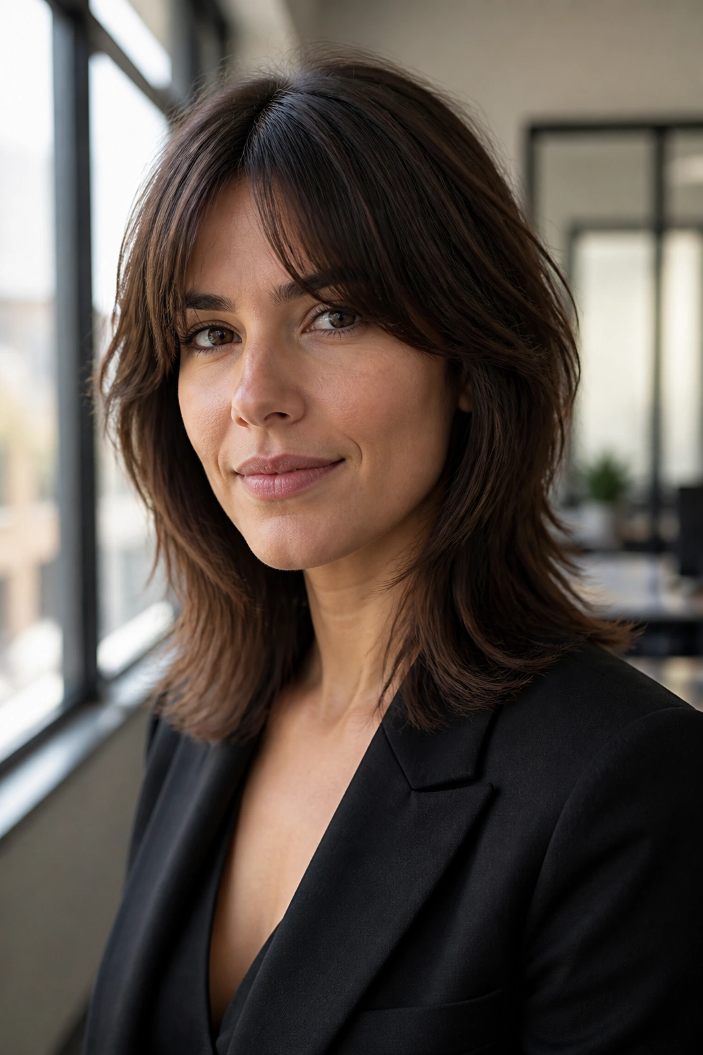 Real woman with polished office-friendly shag portrait in office setting