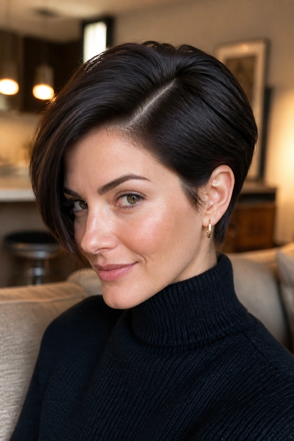 Close-up portrait of a real person with a polished long pixie and deep side part