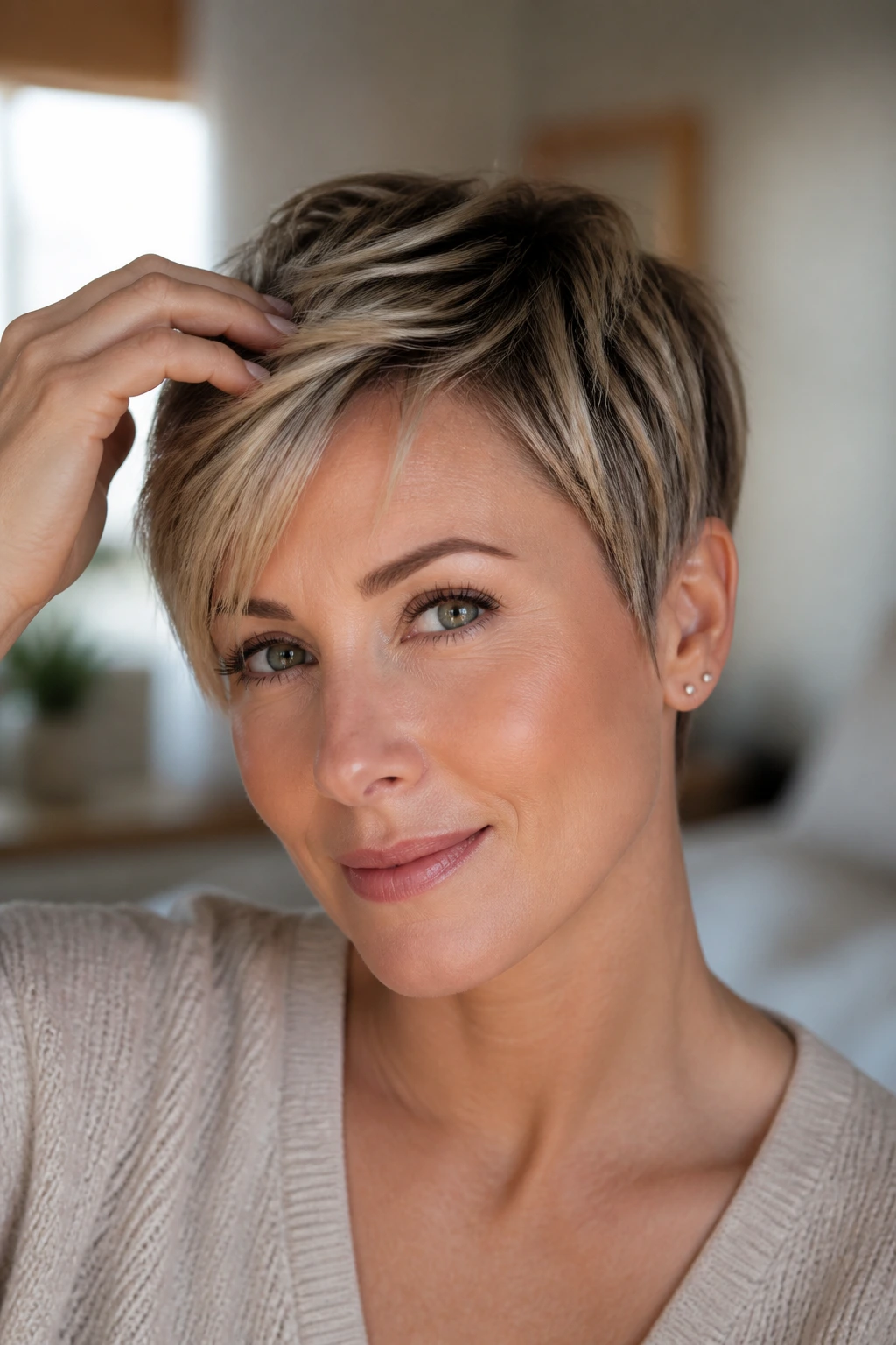 Close-up portrait of a person with a polished pixie cut and minimal styling.