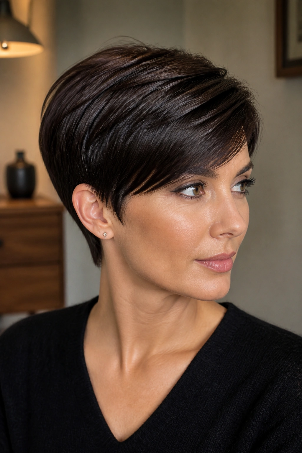 Real woman with a polished long pixie and smooth finish in warm indoor light