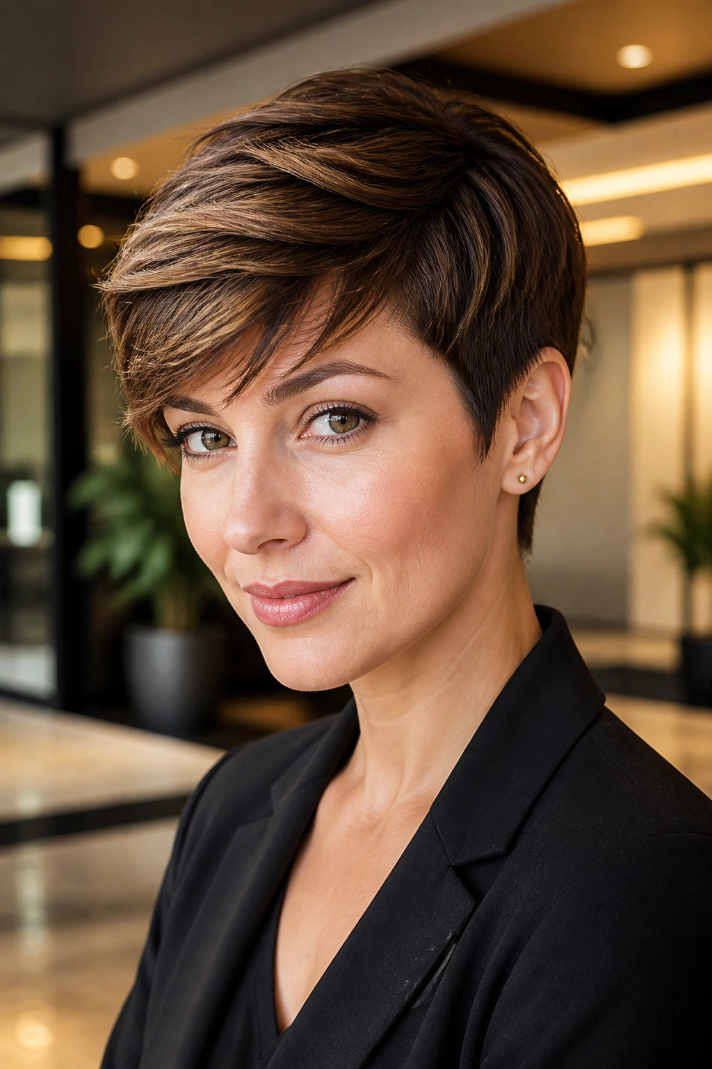 Close-up portrait of a real woman with polished tapered ends long pixie