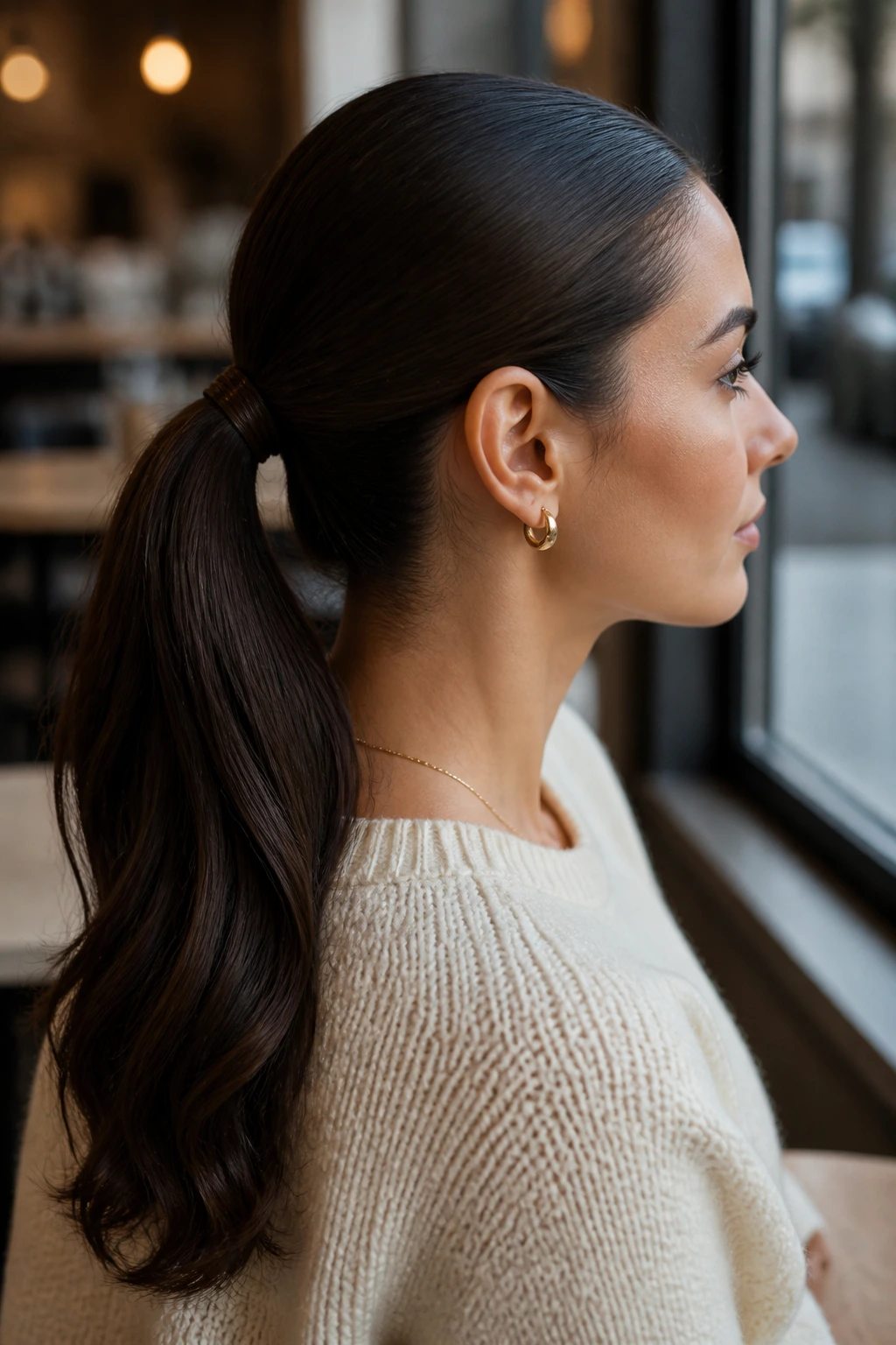 Close-up of a real woman with a polished mid-low ponytail in natural window light