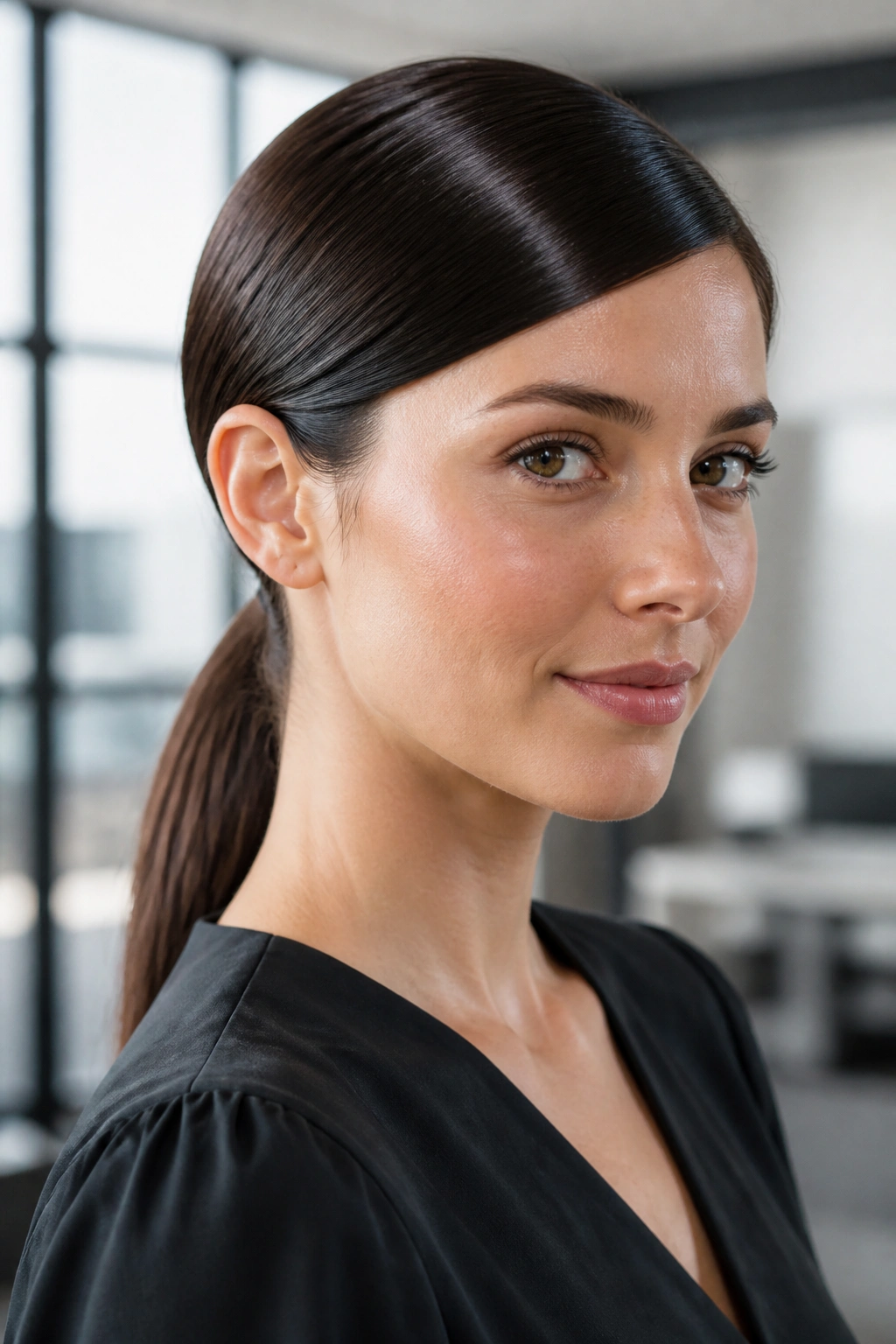 Portrait of a woman with a polished side-part low ponytail in bright daylight.