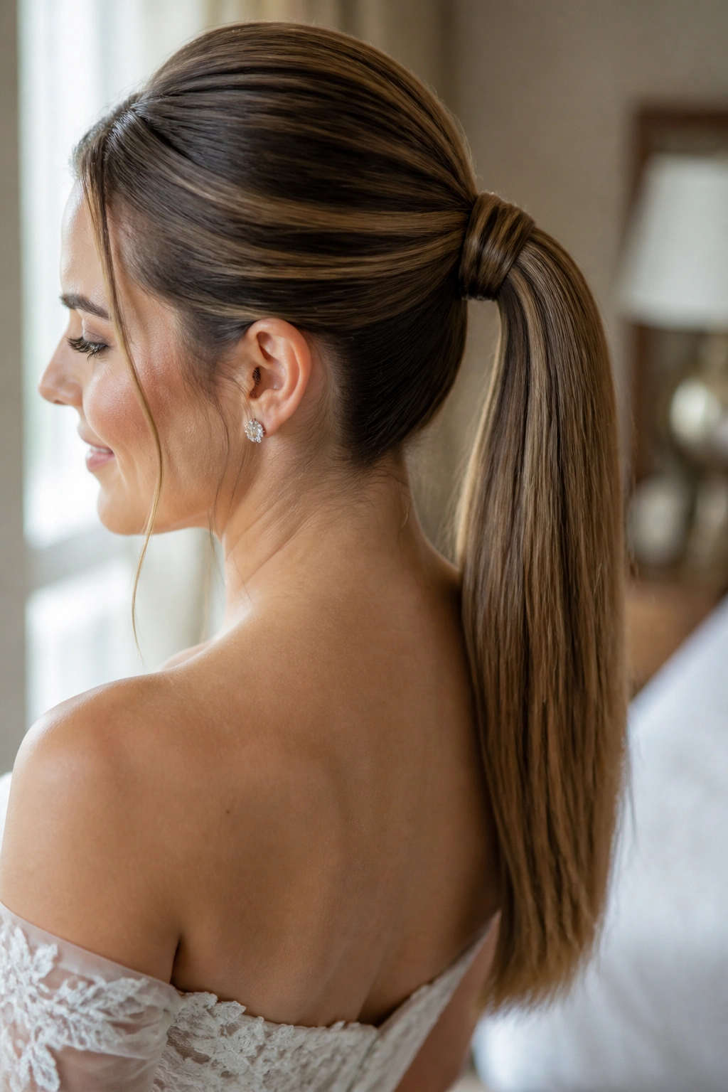 Bride with polished ponytail and wrapped base