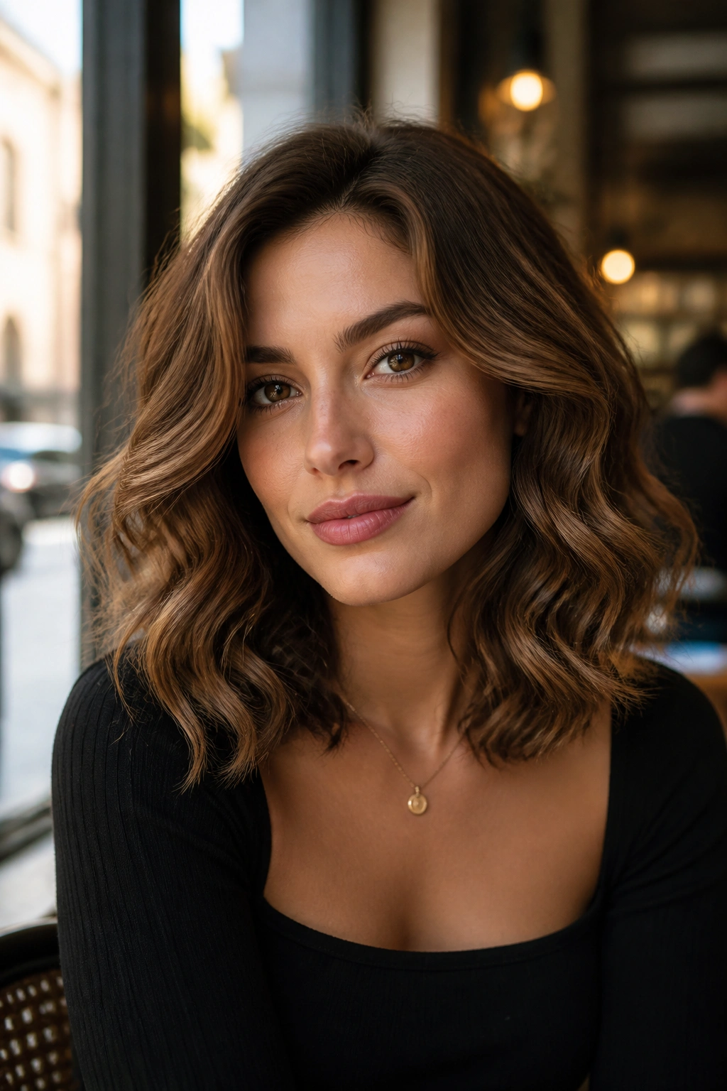 Real woman with polished S-waves on shoulder-length hair in a warm cafe setting.