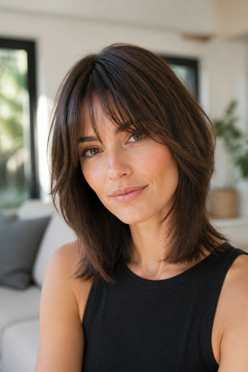 Close-up of a real woman with polished shag and clean perimeter