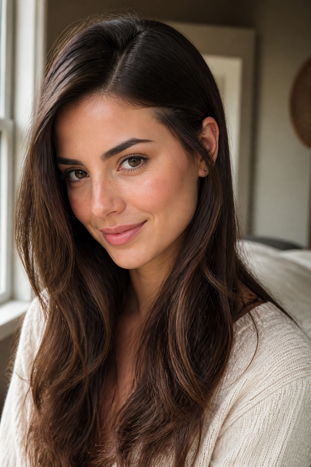 Close-up of a real woman with a polished side part and tucked front piece in long thick hair, lit by natural window light.