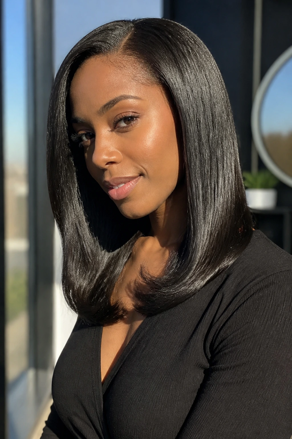Close-up of a real woman with a sleek silk-pressed hairstyle showing shine.