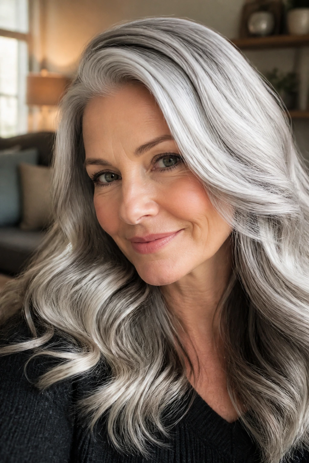 Close-up portrait of a real woman with polished silver waves in gray hair